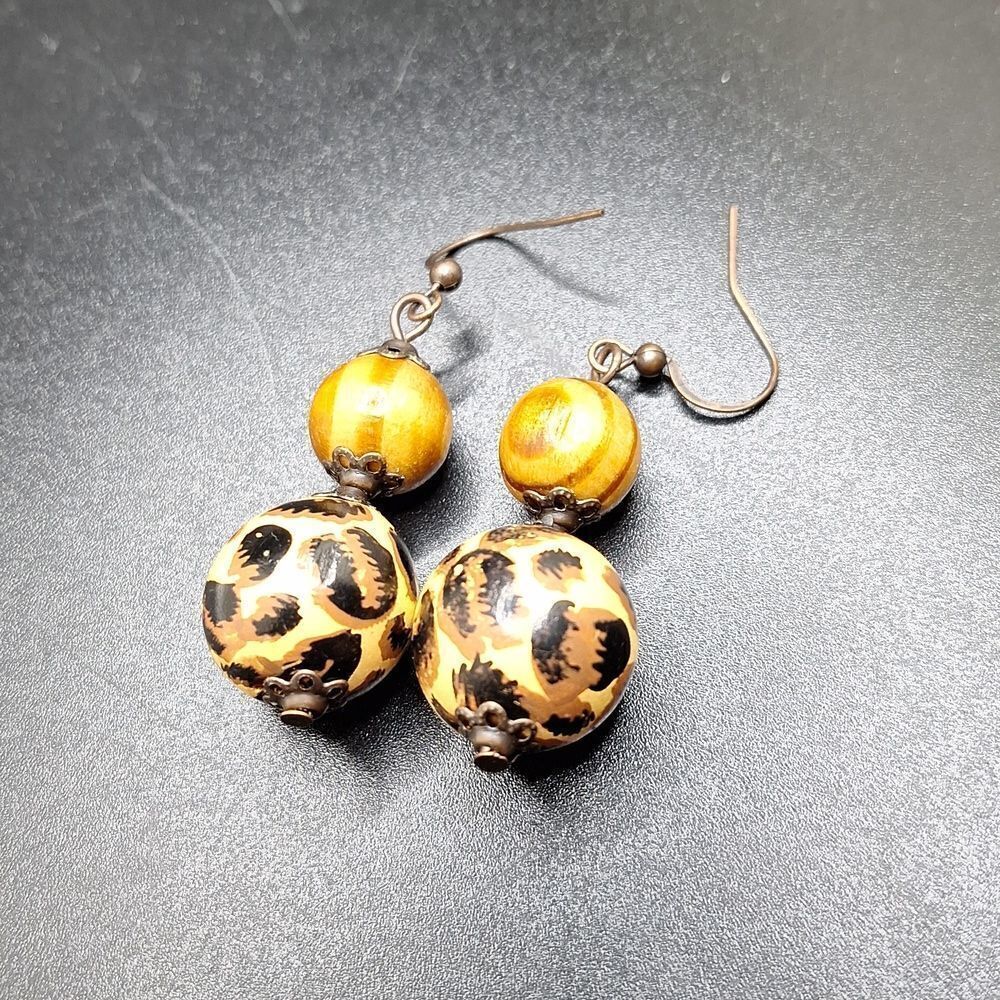 Wooden Beaded cheetah print drop Earrings